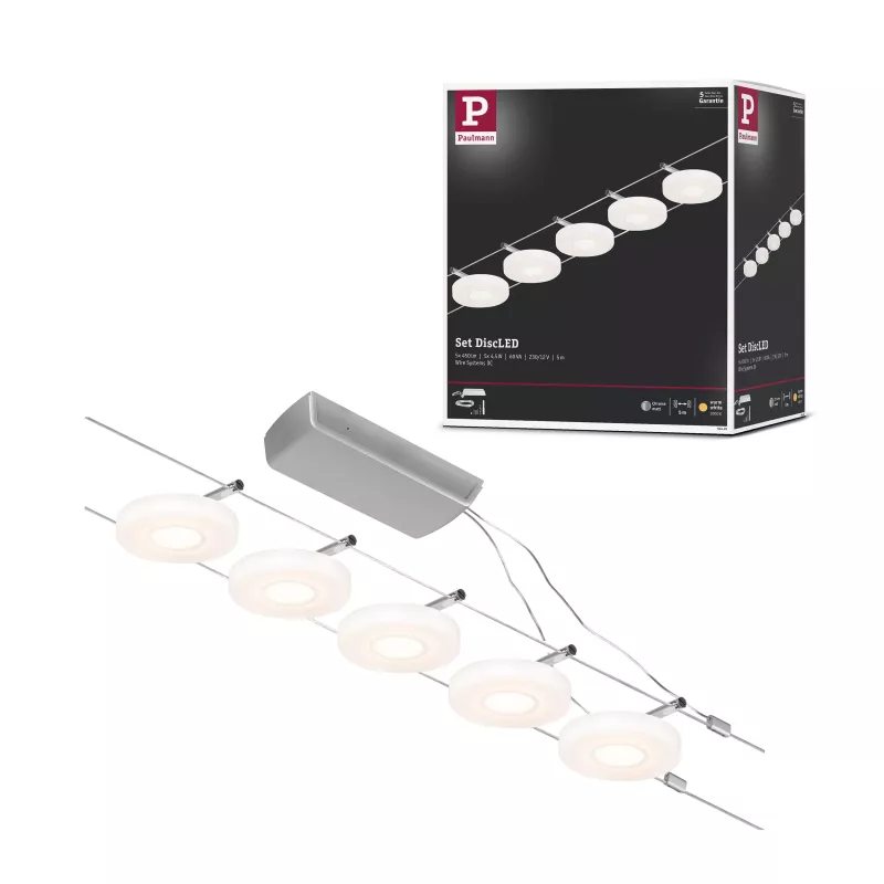 ,CorDuo Système sur câbles LED DiscLED Kit de base 5x200lm 5x4,,5W 3000K 230/12V Chrome mat,,, PAULMANN 32 - Cimaise Tableau 