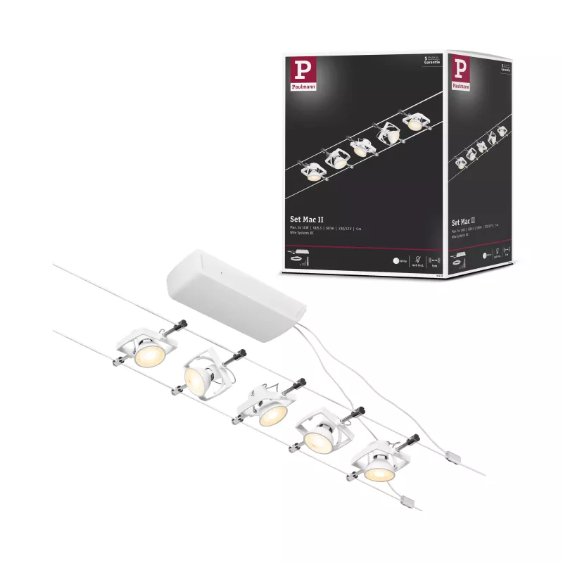 ,Sistema CorDuo sobre Cables Mac II Kit Básico GU5,,3 máx. 5x10W 230/12V Blanco Esmerilado,,, PAULMANN 30 - Cimaise Tableau 