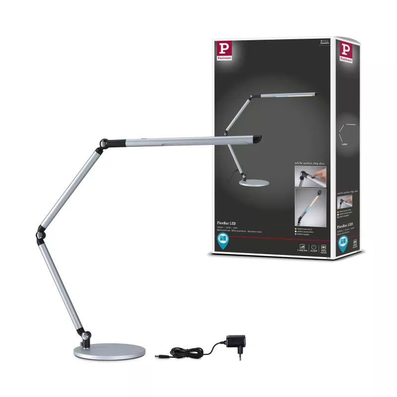 Lámpara de escritorio LED con regulador de intensidad de 3 pasos, barra flexible, interruptor blanco, 700 lm, 9,5 W, color plata