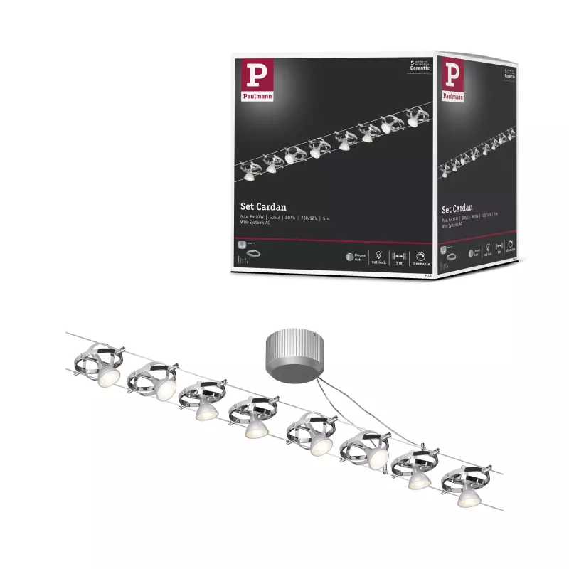 Sistema de cable cardán, kit base GU5, 3 máx. 8x10W regulable 230/12V, cromo mate
