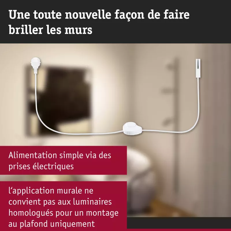 ,URail Alimentation électrique Câble avec interrupteur 2,,4m max. 1000W Blanc signal,