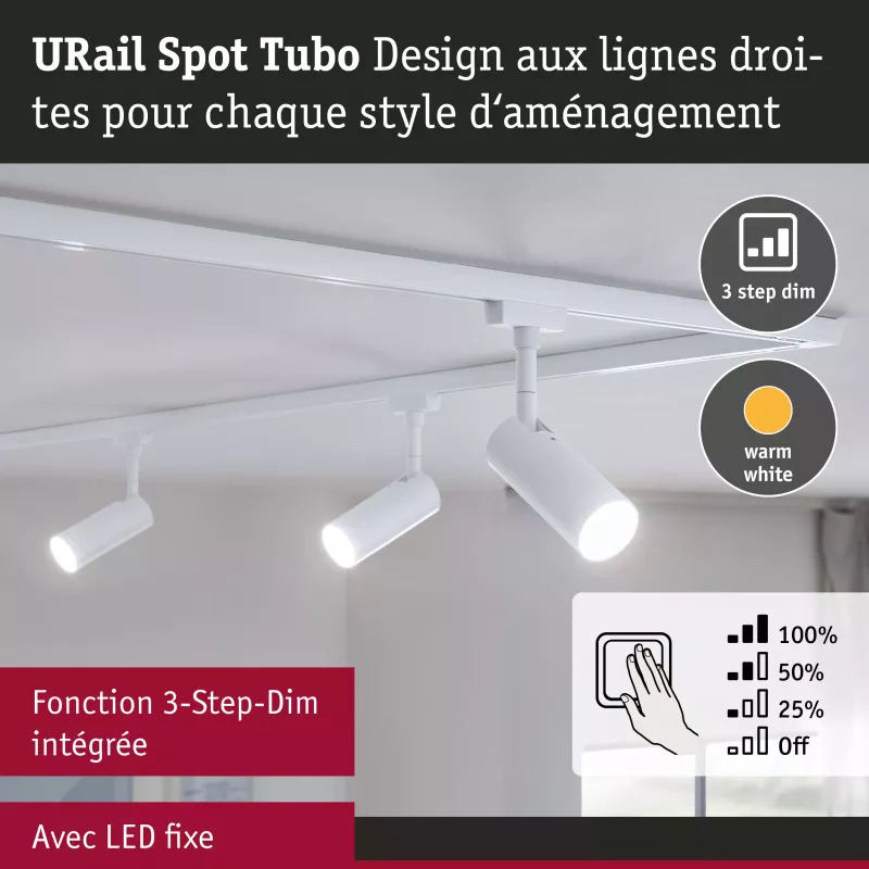 URail Spot sur rail 3-Step-Dim Tubo Spot individuel 150lm 4W 3000K gradable 230V Blanc signal
