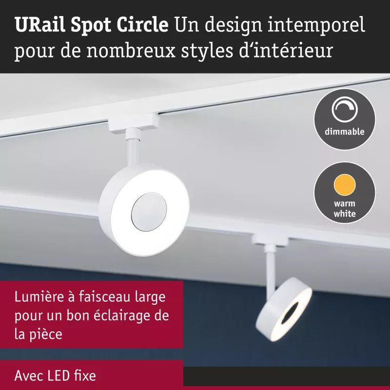 URail Spot sur rail Circle 180lm 5W 3000K gradable 230V Blanc signal PAULMANN 20 - Cimaise Tableau 