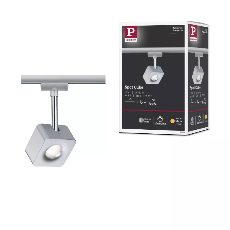 Foco de riel URail Cube Foco individual 540lm 8W 2700K regulable 230V Cromo mate,,,