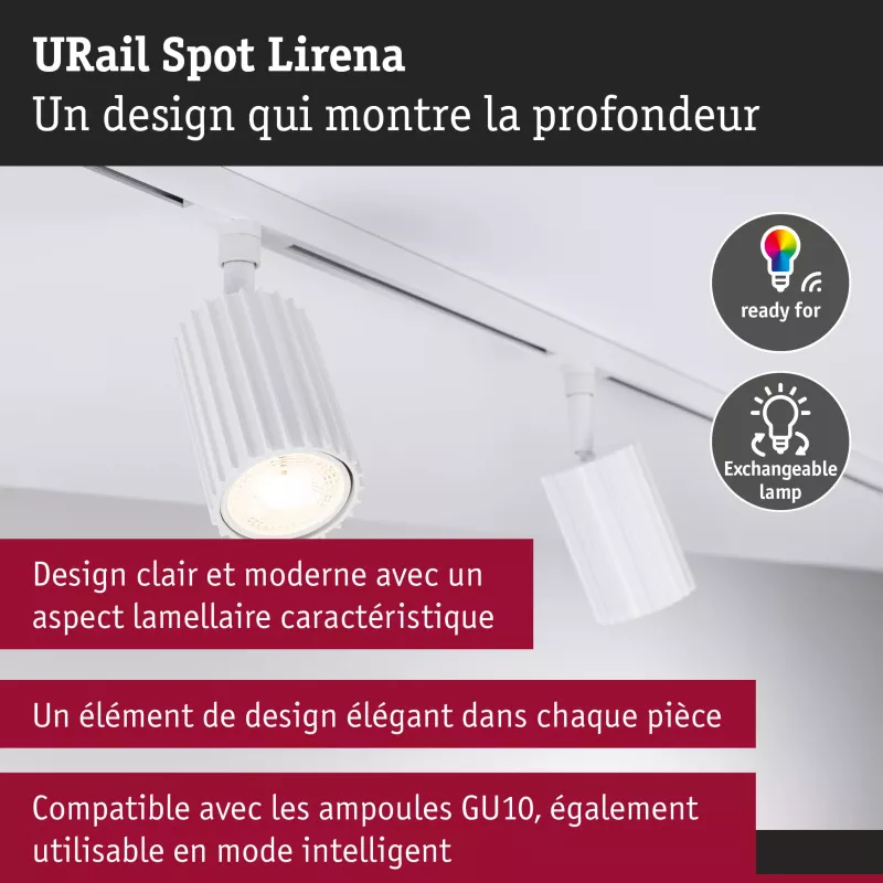 URail Spot sur rail Lirena GU10 max. 10W 230V Blanc signal PAULMANN 21 - Cimaise Tableau 