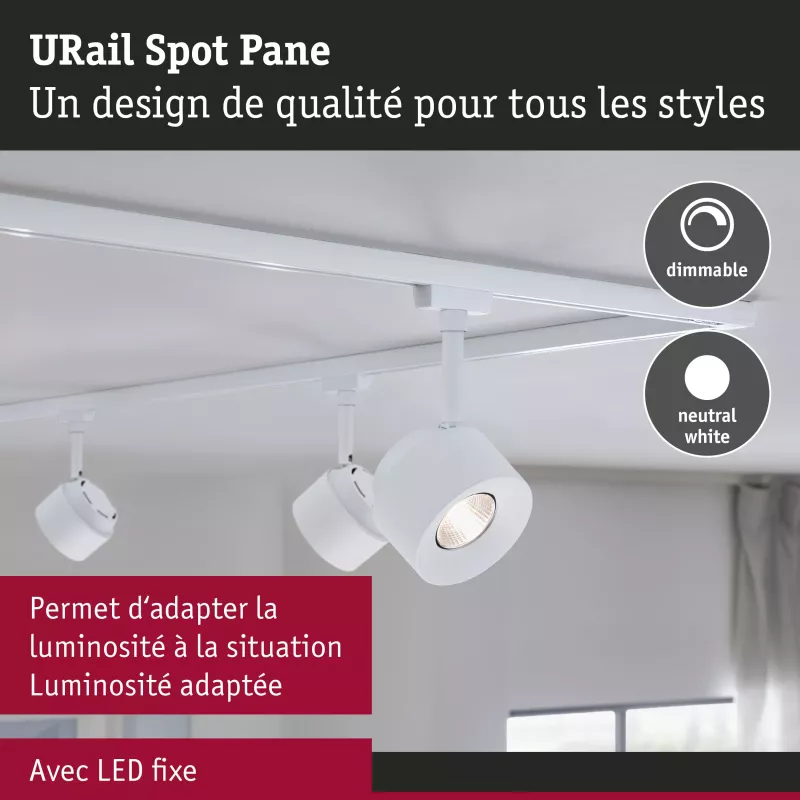,URail Spot sur rail Pane 680lm 7,,4W 4000K gradable 230V Blanc signal,