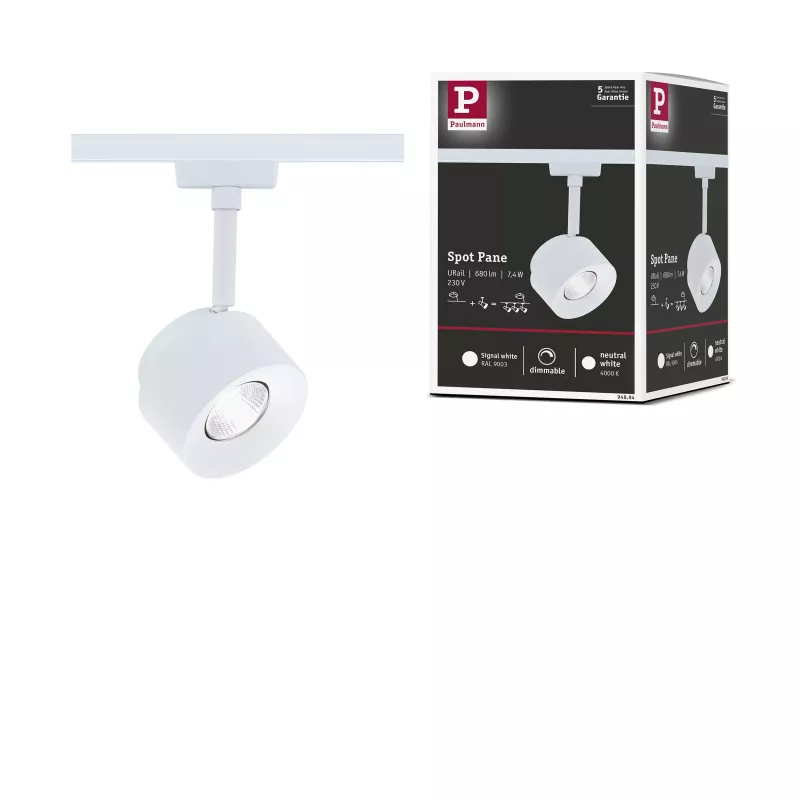Foco para riel URail, panel de 680 lm, 7,4 W, 4000 K, regulable, 230 V, blanco señal.