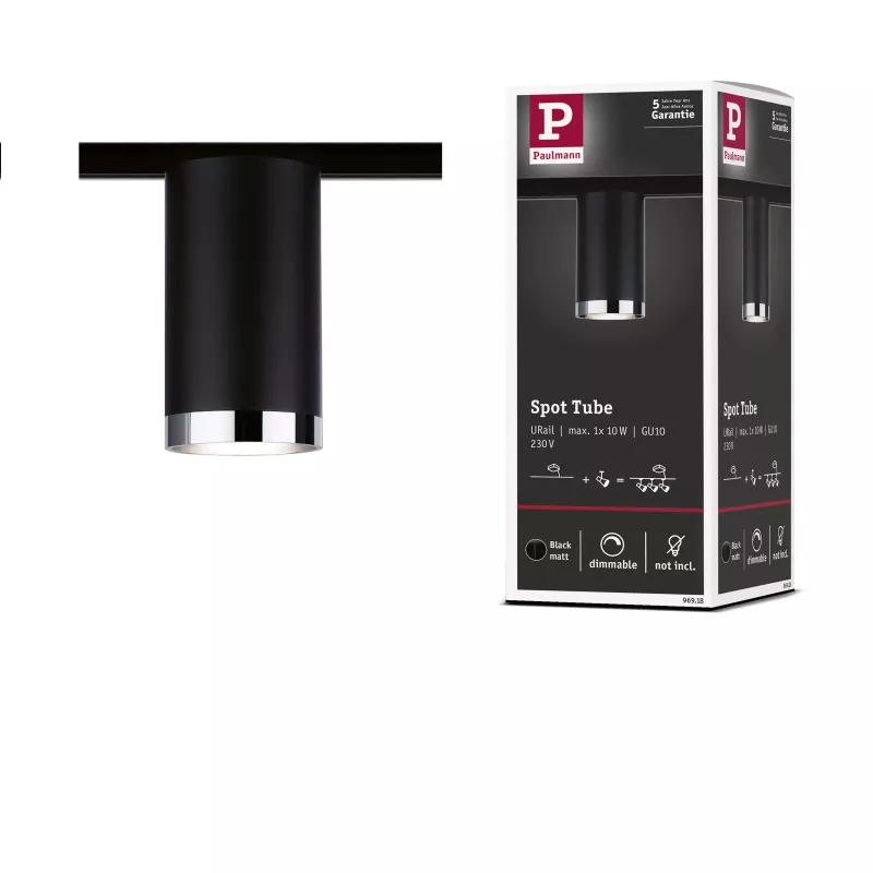 Foco individual para riel URAil, tubo GU10, máx. 10 W, regulable, 230 V, negro mate.