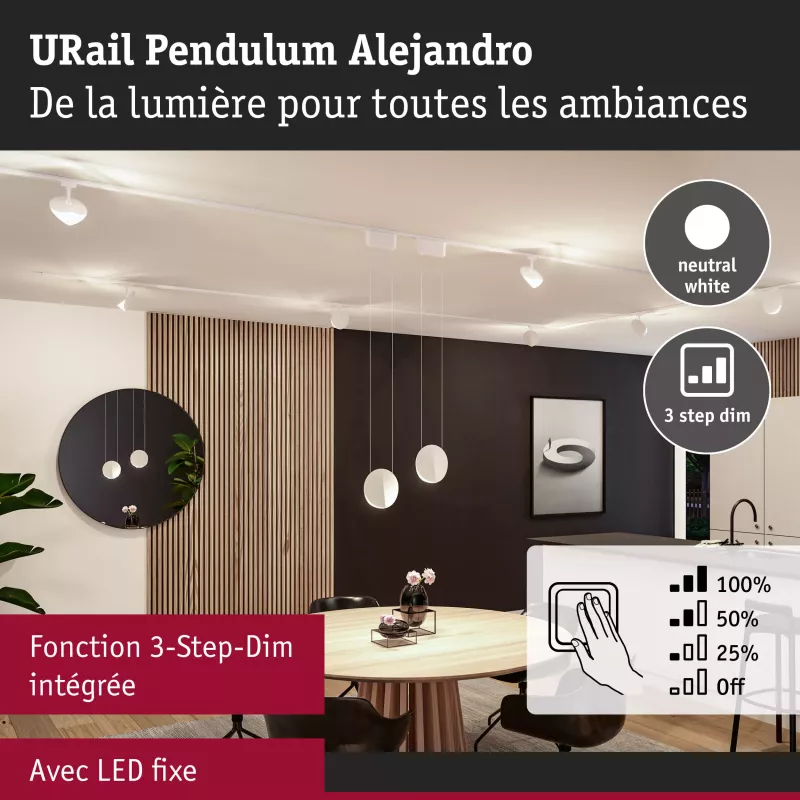 URail Suspension 3-Step-Dim Alejandro 800lm 10W 4000K gradable 230V Blanc signal