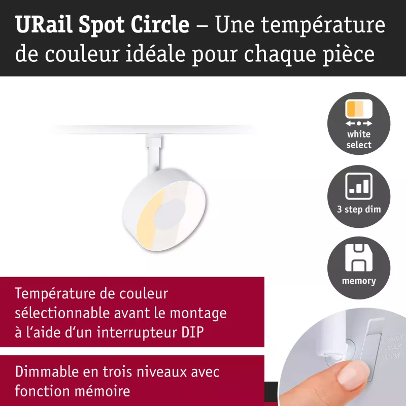 Foco para riel URail, regulable en 3 niveles, circular, 280 lm, 5 W, 2700-4000 K, 230 V, luz blanca.