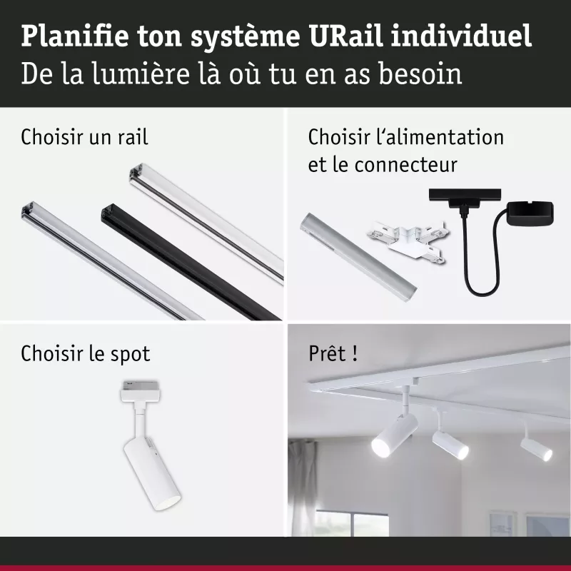 Foco para riel URail Tubo Individual con atenuación de 3 pasos, 150 lm, 4 W, 3000 K, regulable, 230 V, luz blanca.