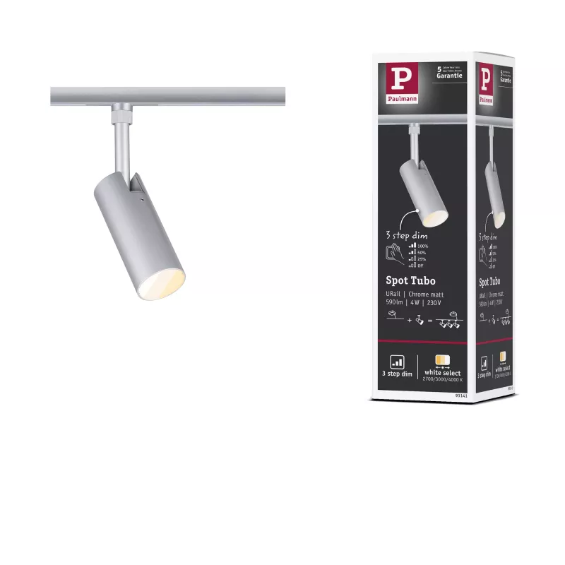 URail Track spotlight 3-Step-Dim Tubo Individual spotlight 300lm 4W 2700 - 4000K dimmable 230V Matt chrome