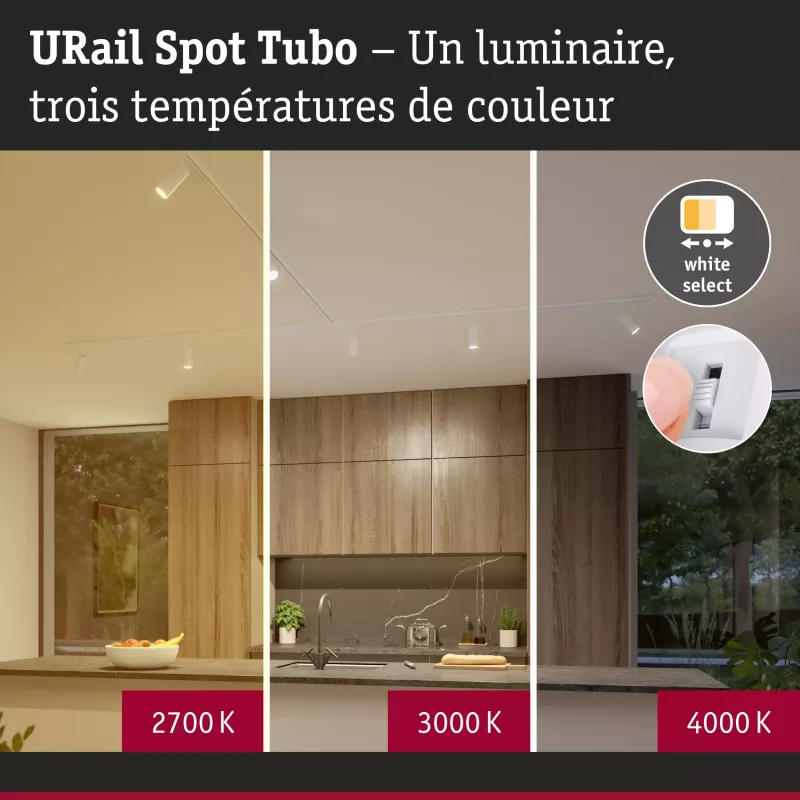 Foco individual Tubo para riel URai con atenuación en 3 pasos, 320 lm, 4 W, 2700-4000 K, regulable, 230 V, luz blanca.
