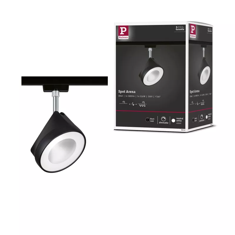Foco individual URail Arena Track Spot, 860 lm, 14 W, 4000 K, regulable, 230 V, negro mate, cromado.