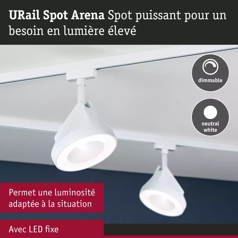 URail Spot sur rail Arena Spot individuel 900lm 15,1W 4000K gradable 230V Blanc signal