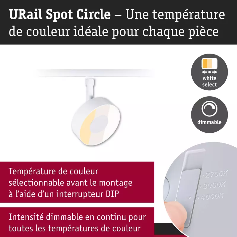 Foco circular para riel URail, 250 lm, 5 W, 2700-4000 K, regulable, 230 V, luz blanca.