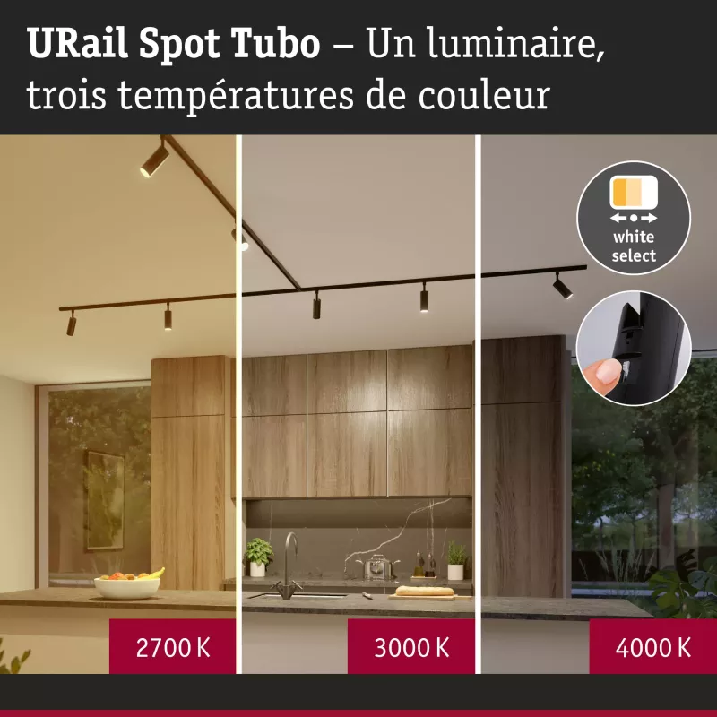 URail Spot sur rail Tubo Spot individuel 200lm 4W 2700 - 4000K 230V Noir mat