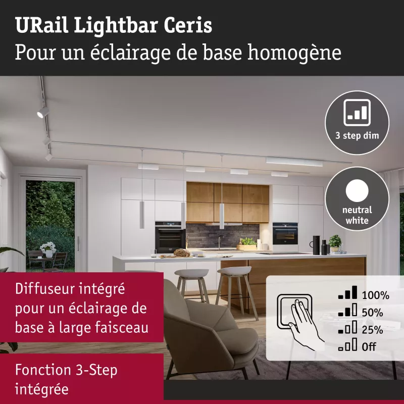 Barra de luz URail con atenuación en 3 pasos, color Ceris, 850 lm, 9,5 W, 4000 K, regulable, 230 V PAULMANN 29 - Cimaise Tableau